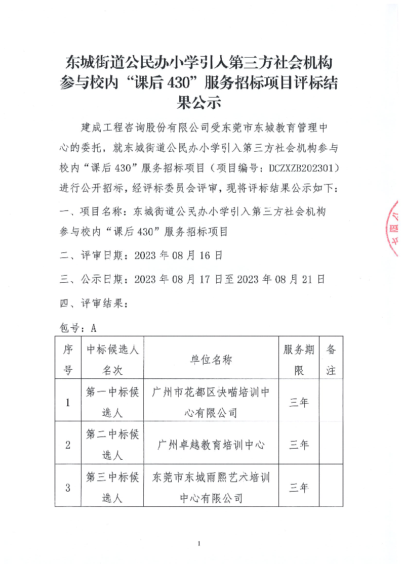 東城街道公民辦小學(xué)引入第三方社會機(jī)構(gòu)參與校內(nèi)“課后430”服務(wù)招標(biāo)項(xiàng)目評標(biāo)結(jié)果公示_頁面_1.png